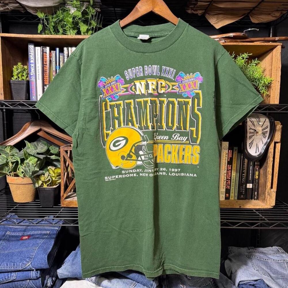 Vintage 90s Green Bay Packers NFL Super Bowl Tee Large Green 1997 Football Shirt